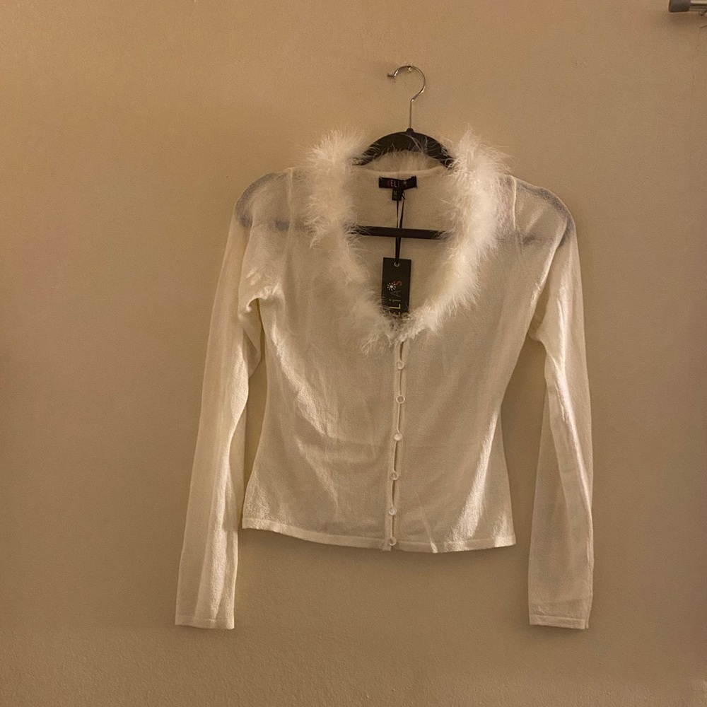 Dolls Kill White Fuzzy Trim Button-Up Knit Top